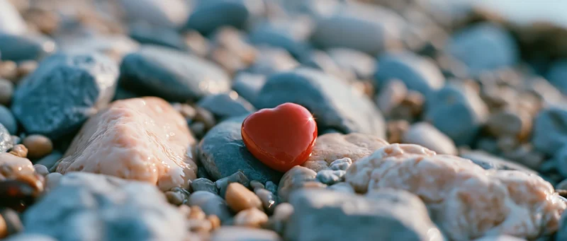 Glossy red heart-shaped stone resting among smooth pebbles on a beach