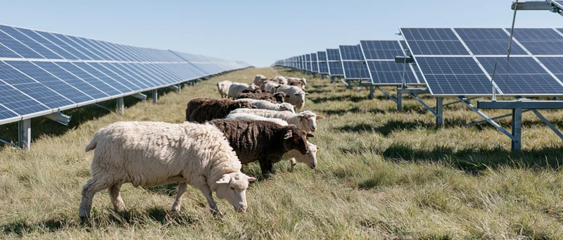 Sheep grazing between rows of solar panels in a grassy field