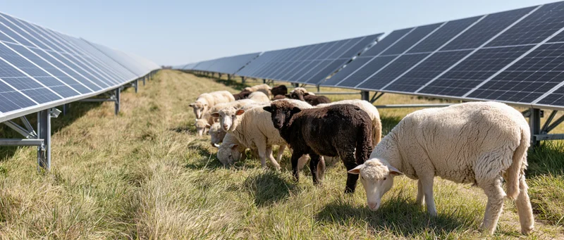 Sheep grazing between rows of solar panels in a grassy field