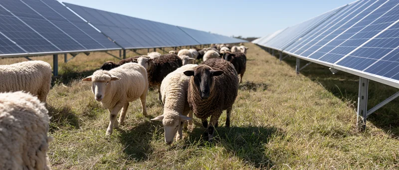 Sheep grazing between rows of solar panels in a rural field