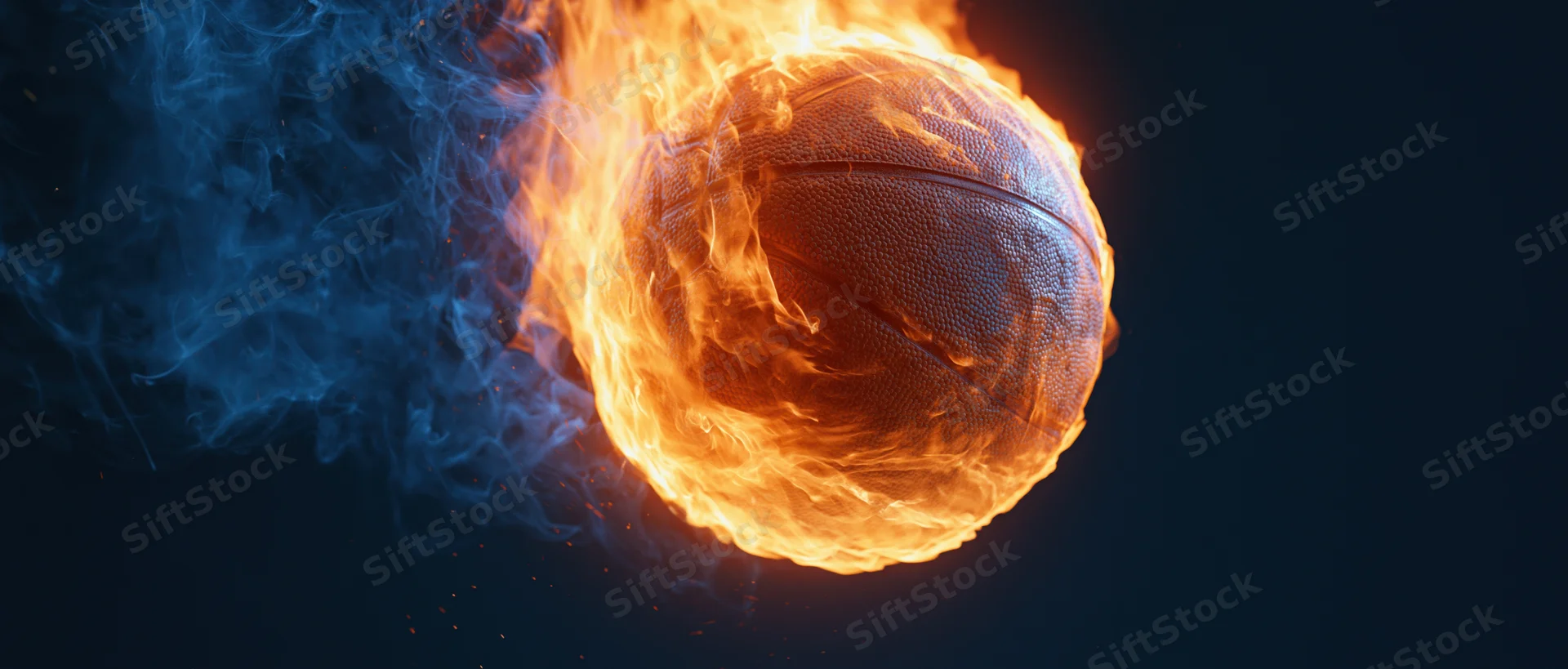 Basketball engulfed in flames against a dark background with blue smoke swirling around it