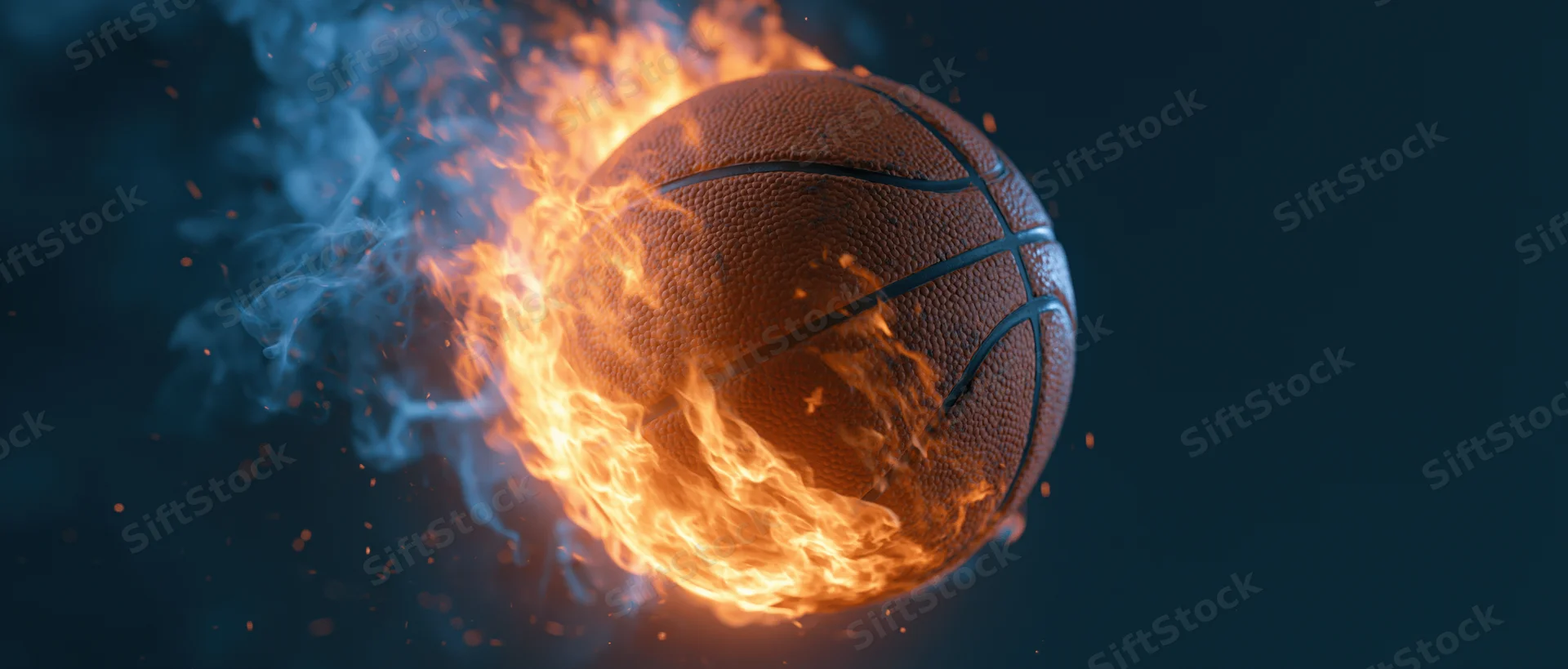 Basketball engulfed in flames and smoke against dark background