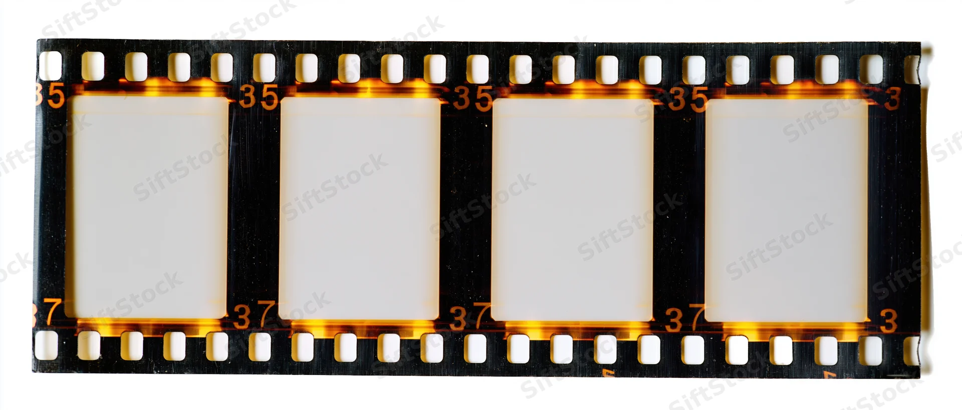 Strip of 35mm film negative with four blank frames and sprocket holes on white background