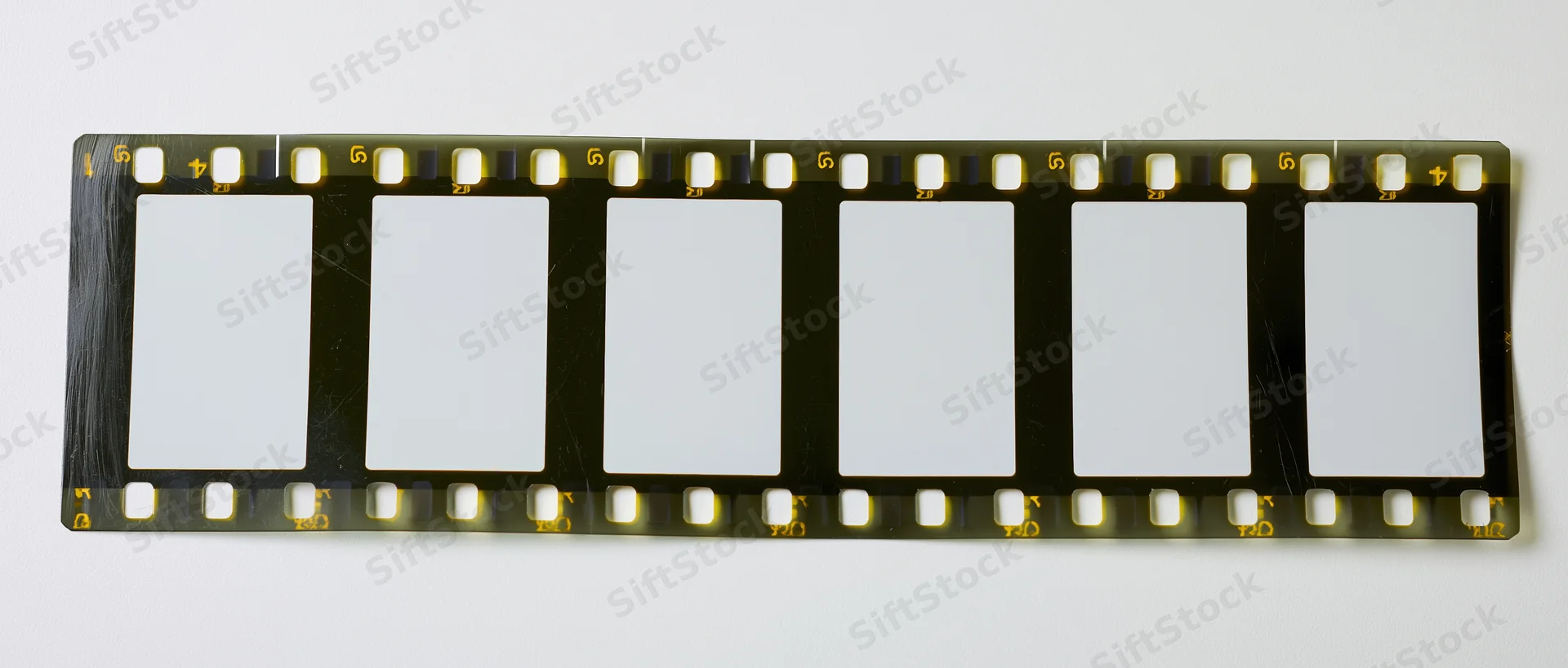 Blank 35mm film strip with perforated edges laid flat on white background