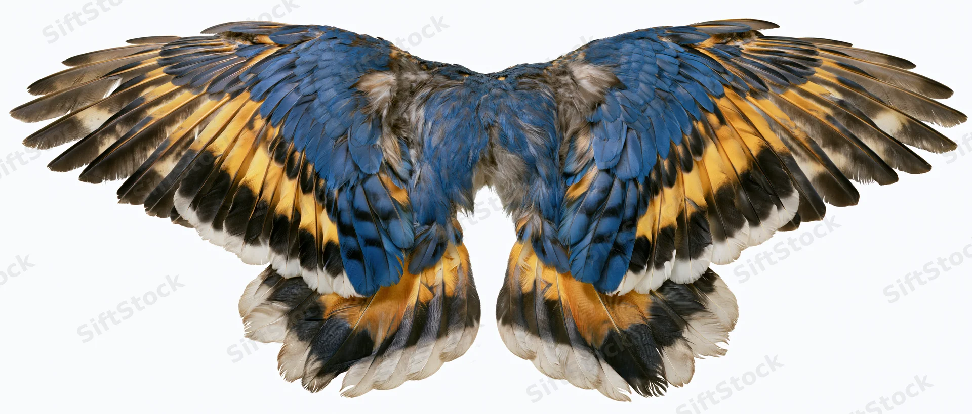 Symmetrical pair of spread bird wings with blue yellow and black feathers displayed flat against white background