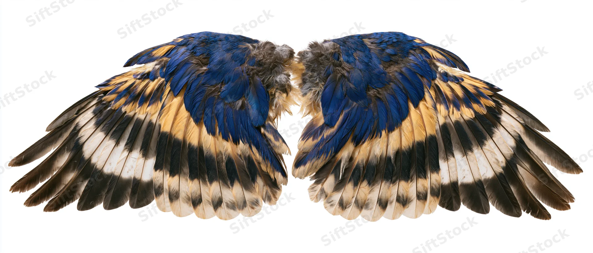 Symmetrical pair of spread bird wings with blue black and white feathers displayed flat against white background