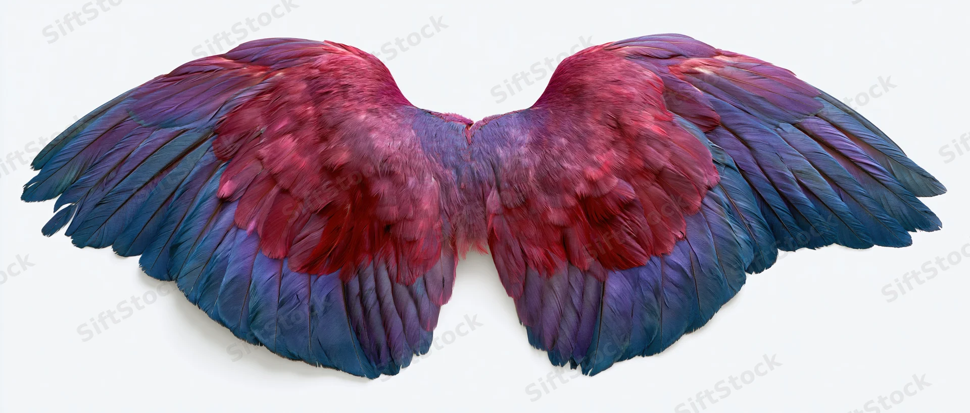 Symmetrical pair of spread bird wings with red and blue feathers isolated on white background