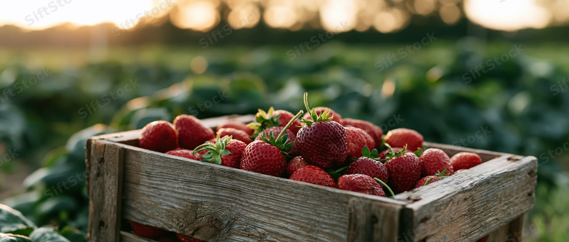 Wooden crate overflowing with fresh strawberries in a field at dusk