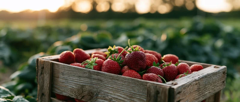 Wooden crate overflowing with fresh strawberries in a field at dusk