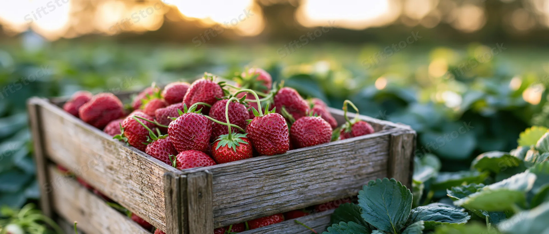 Wooden crate overflowing with fresh red strawberries in a sunlit garden field