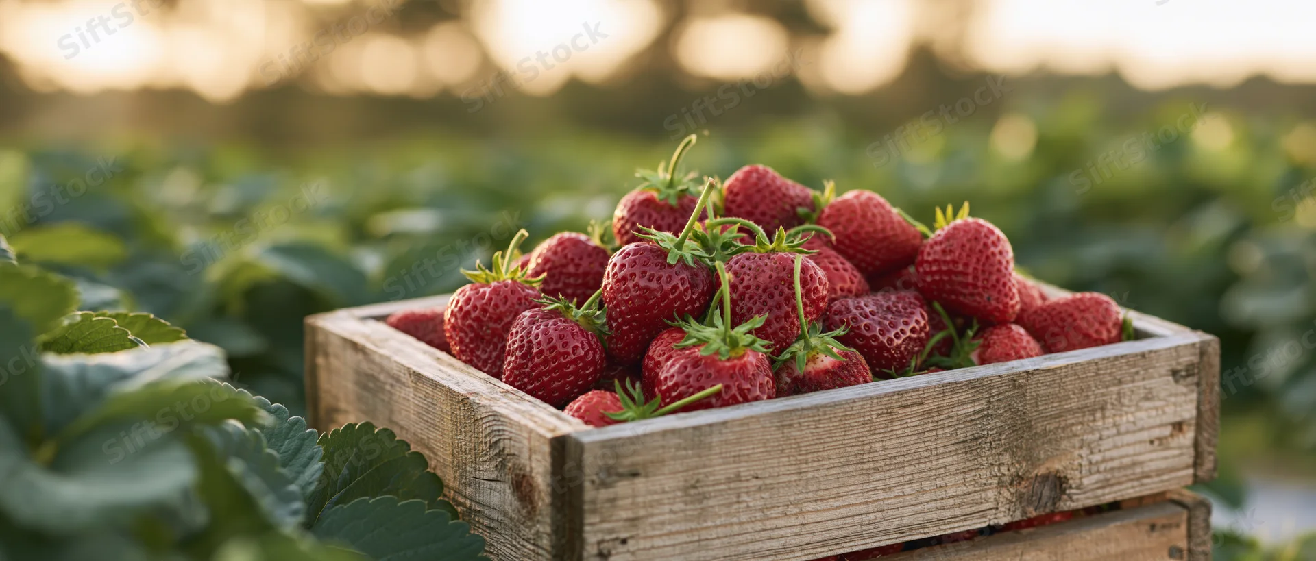 Wooden crate overflowing with fresh red strawberries in a strawberry field at sunrise