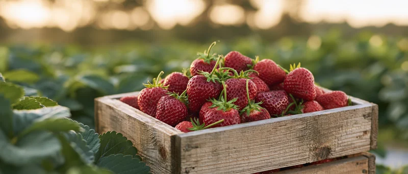 Wooden crate overflowing with fresh red strawberries in a strawberry field at sunrise