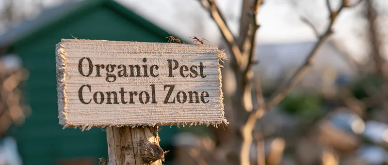Weathered wooden sign reading organic pest control zone in a garden setting with ants crawling on top