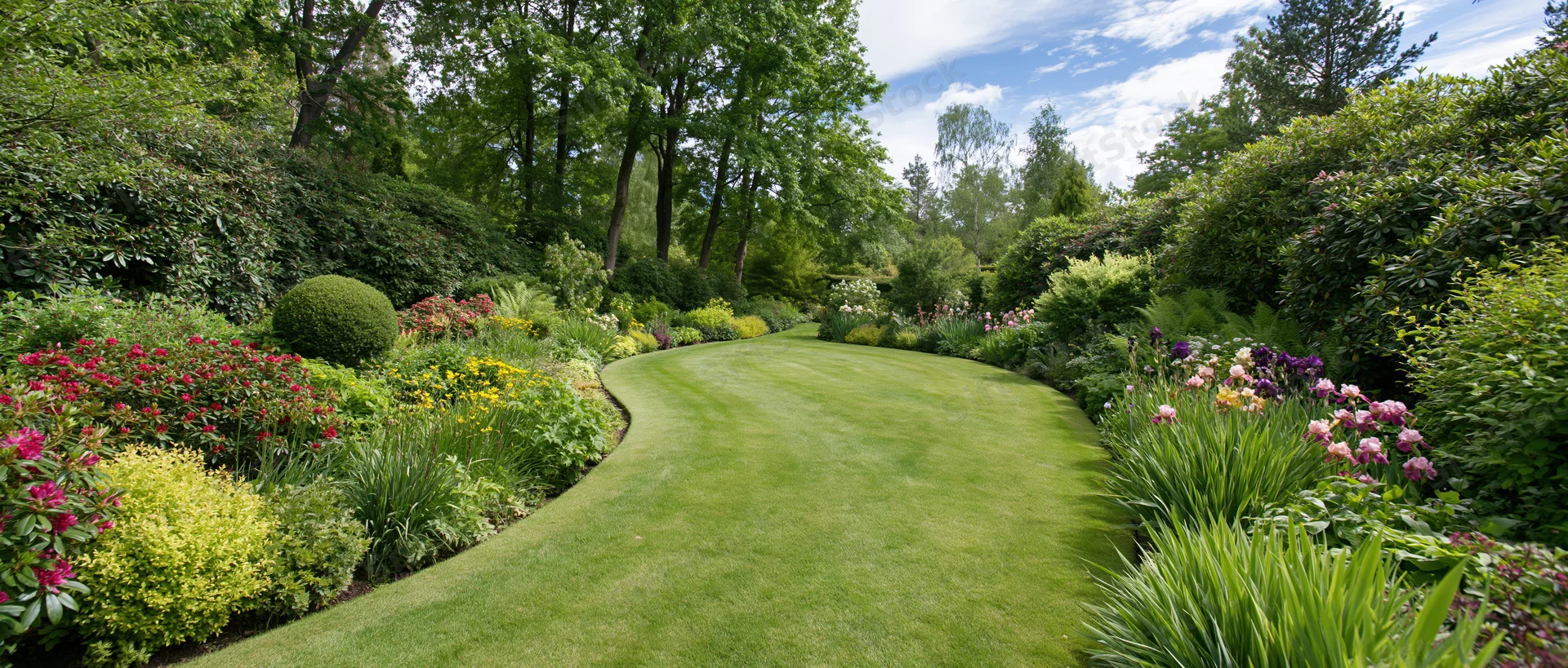 Curving lawn path through blooming flowerbeds in an English garden