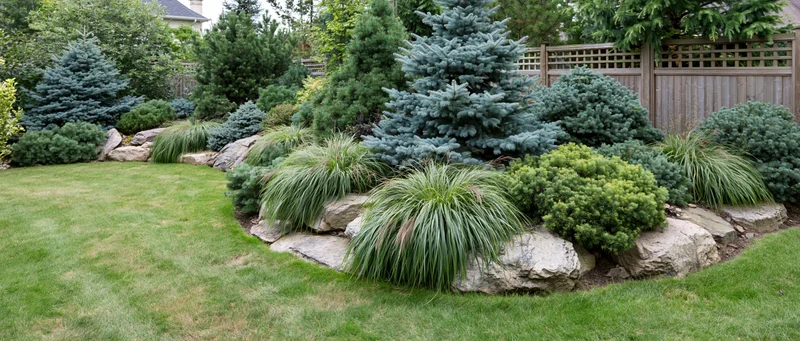 Curved lawn bordered by evergreen shrubs and rocks in a private backyard garden