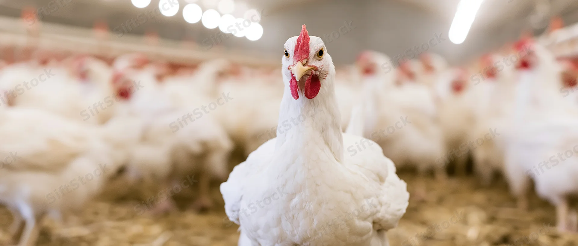 White hen standing in foreground of commercial poultry barn with flock in background
