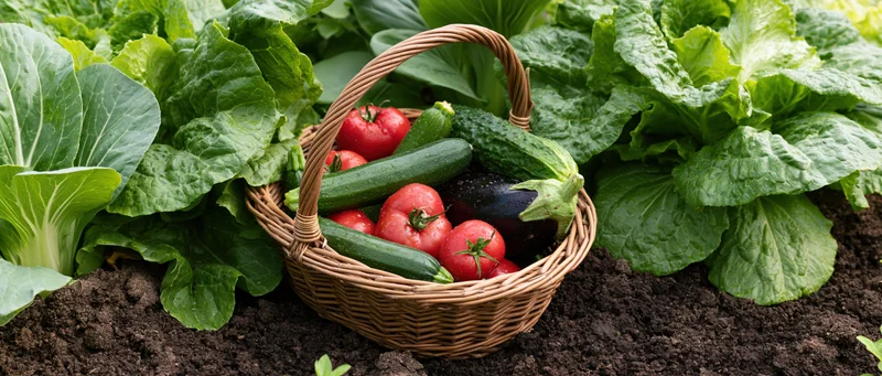 Wicker basket filled with fresh tomatoes zucchini and eggplant in a garden surrounded by leafy greens and soil