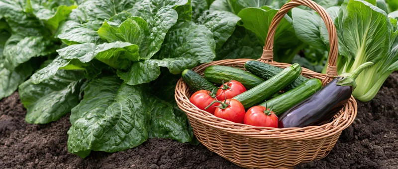 Wicker basket filled with tomatoes zucchini eggplant in a garden surrounded by leafy greens and soil