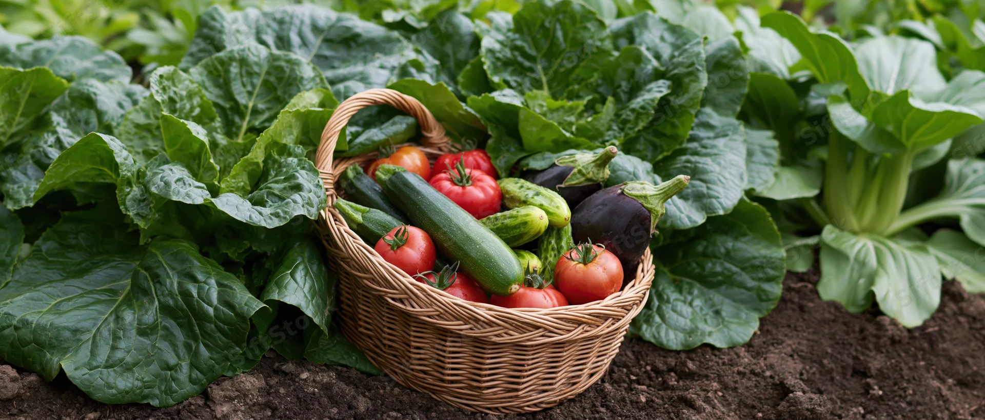Wicker basket filled with tomatoes zucchini and eggplant in a garden surrounded by leafy greens and soil