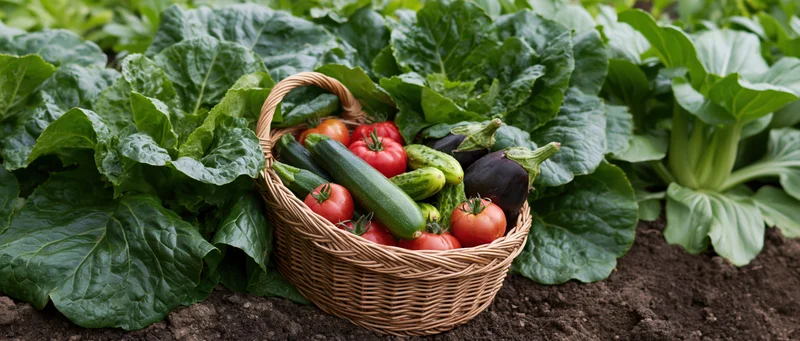 Wicker basket filled with tomatoes zucchini and eggplant in a garden surrounded by leafy greens and soil