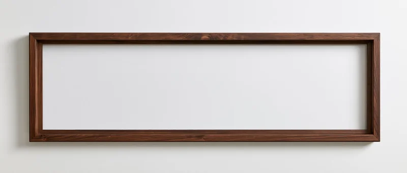 Wide rectangular wooden frame hanging on a white wall with empty white interior
