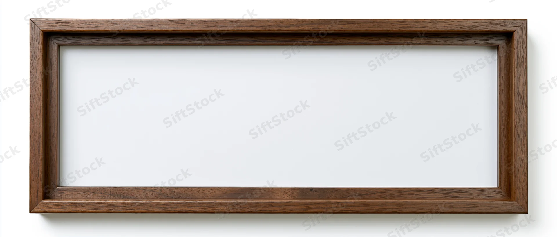 Wide rectangular wooden picture frame with empty white interior hanging on a plain wall