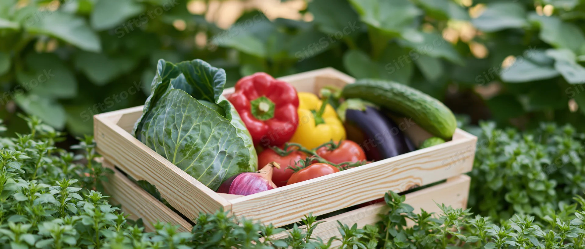Wooden crate filled with fresh vegetables in a garden