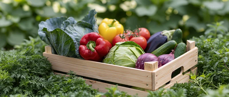 Wooden crate filled with freshly harvested vegetables in a garden