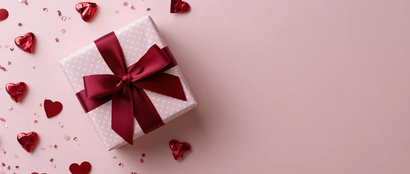 Wrapped gift box with red ribbon and heart decorations on pink background