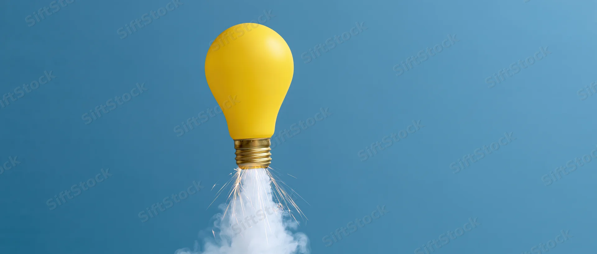 Yellow lightbulb launching upward with smoke and sparks against blue background