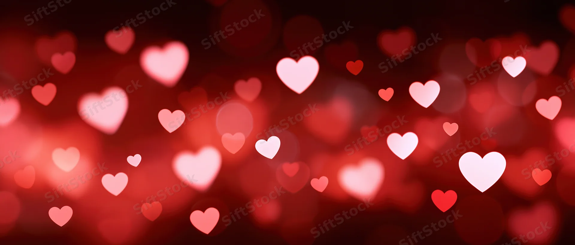 Glowing heart shapes in soft focus against a red bokeh background