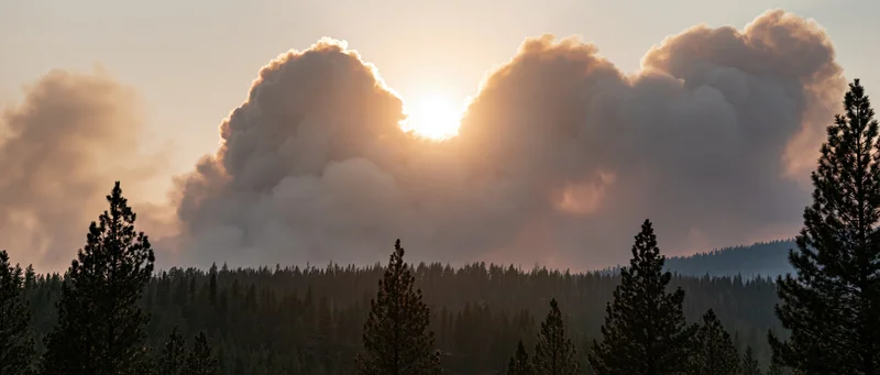 Smoke plumes rising from burning pine forest at sunset over mountain hillside