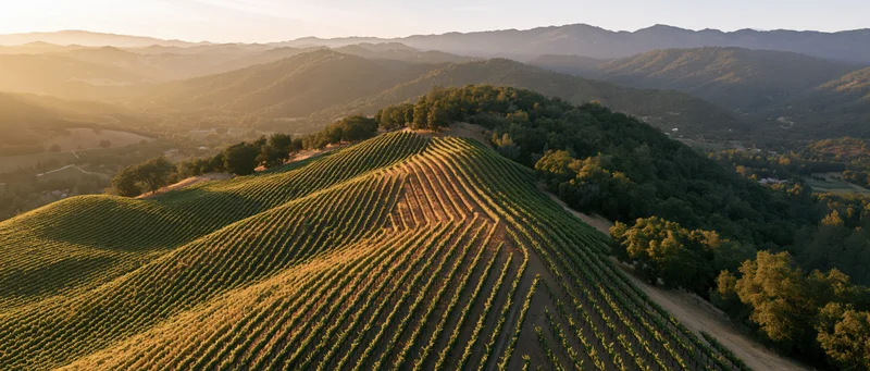 Aerial view of vineyard rows curving across rolling hills at sunset