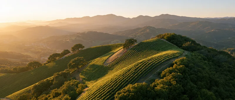 Aerial view of rolling vineyard rows curving across hilly landscape at sunset