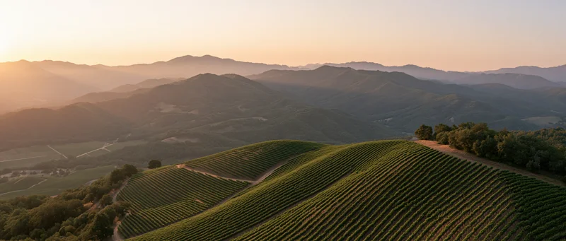 Aerial view of rolling vineyard rows across hilly landscape at sunset