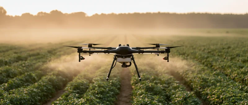 Drone hovering low over rows of green crop in a field at sunrise