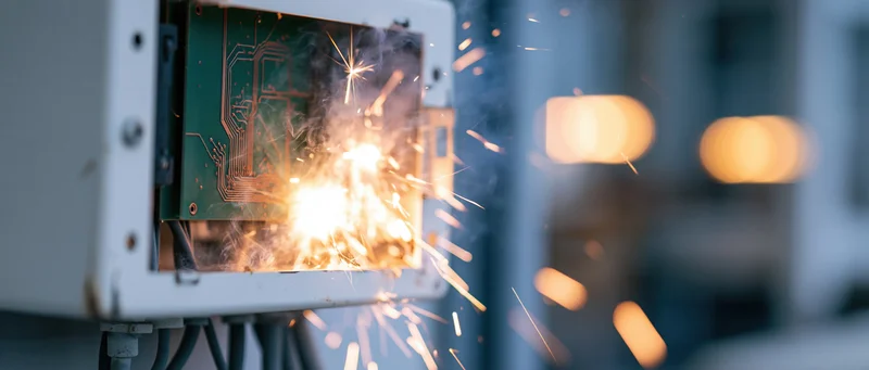 Electrical control box erupting with sparks and flames during a power surge in an industrial setting