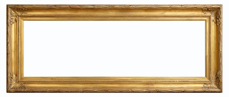 Ornate gold picture frame with carved details and empty center isolated on white