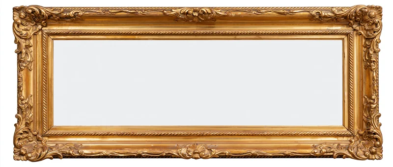 Ornate antique gold picture frame with intricate carvings and floral scrollwork, horizontal rectangle, isolated on white background