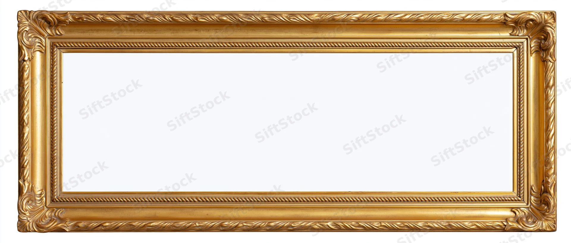 Ornate antique gold picture frame with intricate carvings and wide horizontal rectangle shape against white background