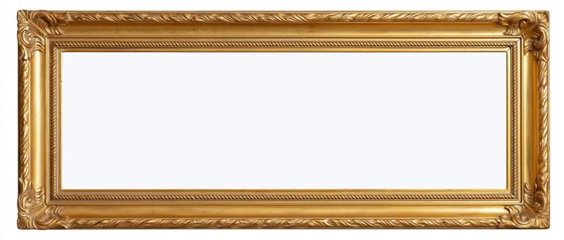 Ornate antique gold picture frame with intricate carvings and wide horizontal rectangle shape against white background