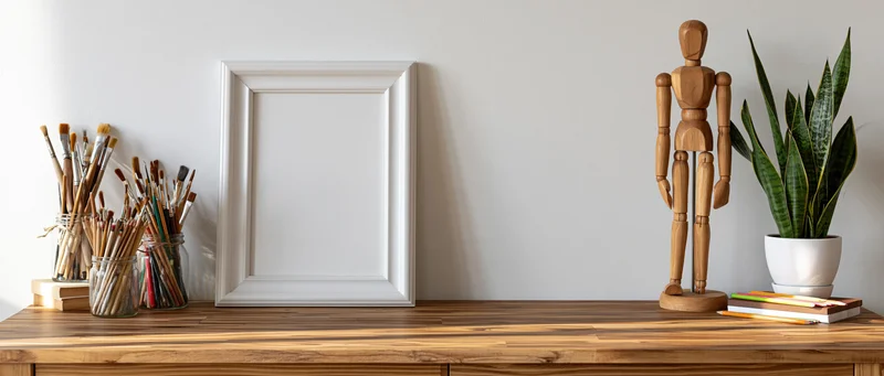 Blank white frame leaning on wooden desk beside art supplies and a wooden mannequin