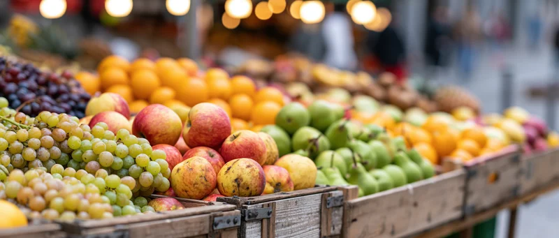 Assorted fresh fruits arranged in wooden crates at an outdoor market