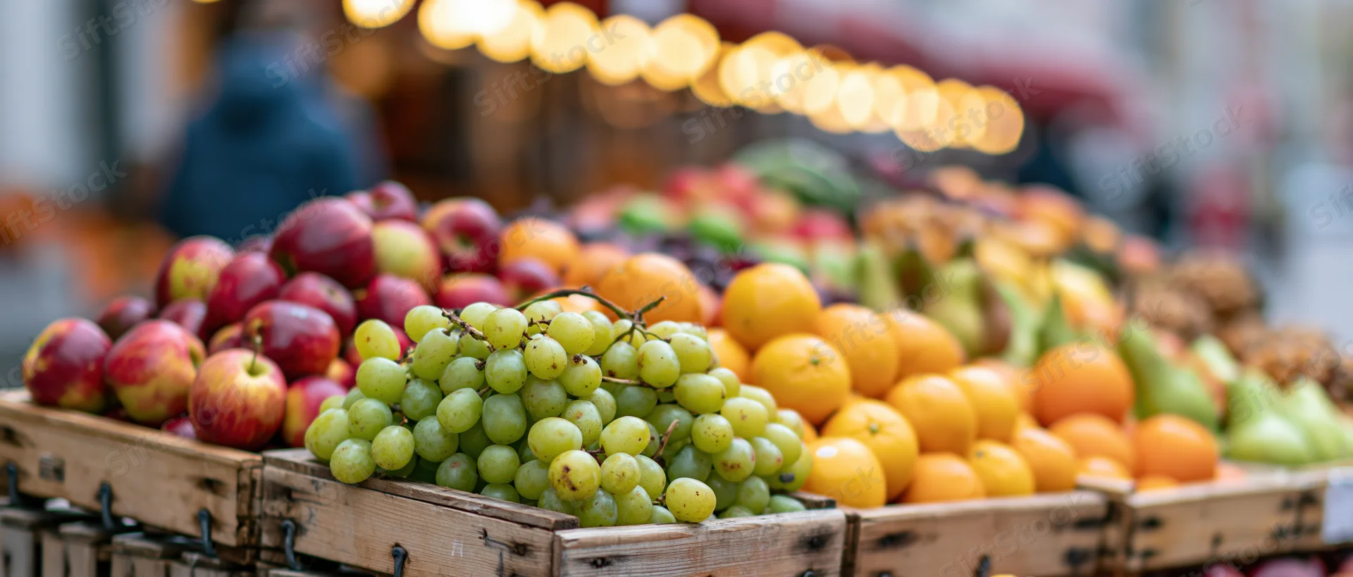 Assorted fresh fruits arranged in wooden crates at an outdoor market