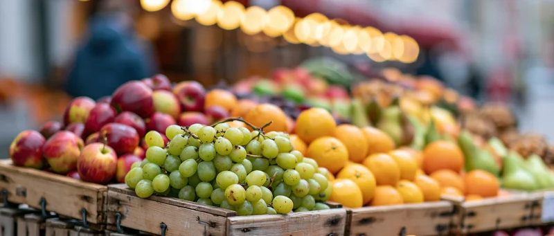 Assorted fresh fruits arranged in wooden crates at an outdoor market