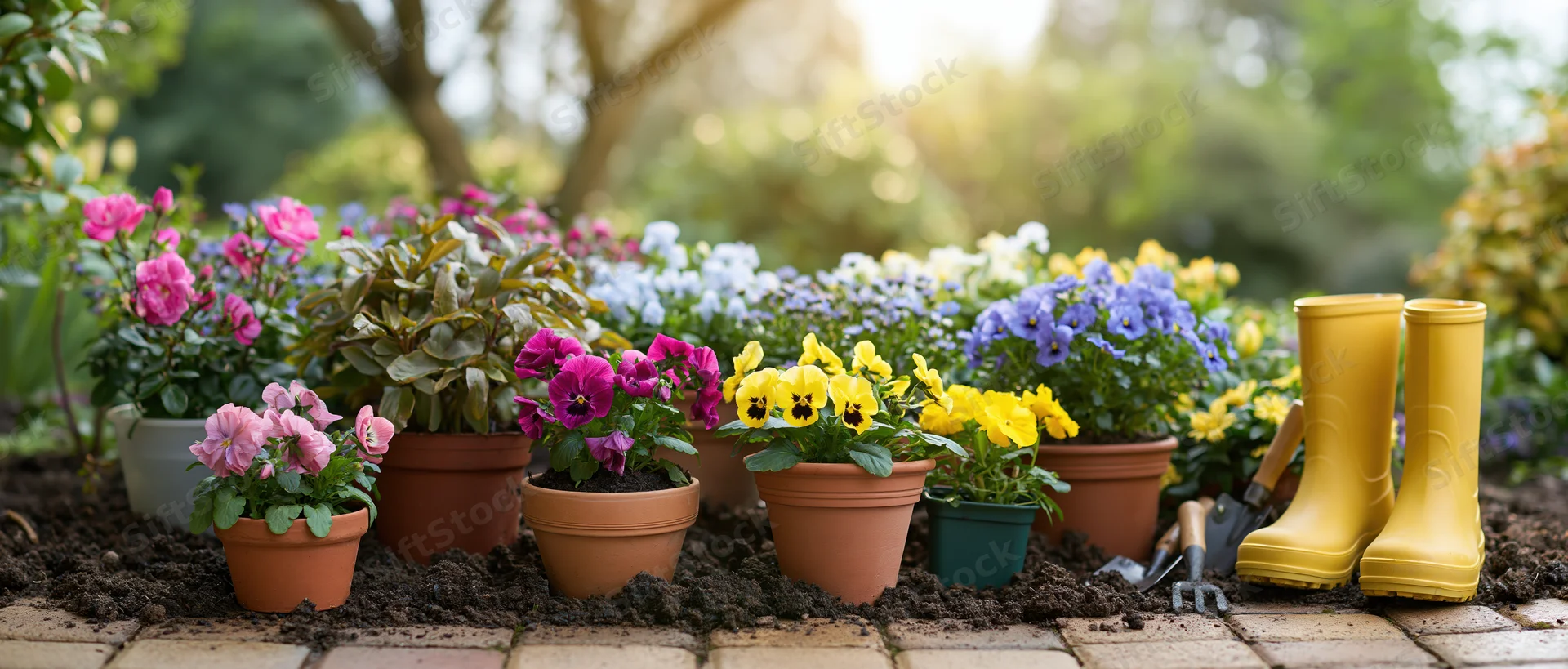 Assorted spring flowers in terracotta and plastic pots arranged in a garden bed with gardening tools and yellow boots nearby