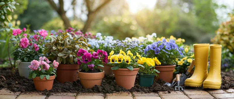 Assorted spring flowers in terracotta and plastic pots arranged in a garden bed with gardening tools and yellow boots nearby