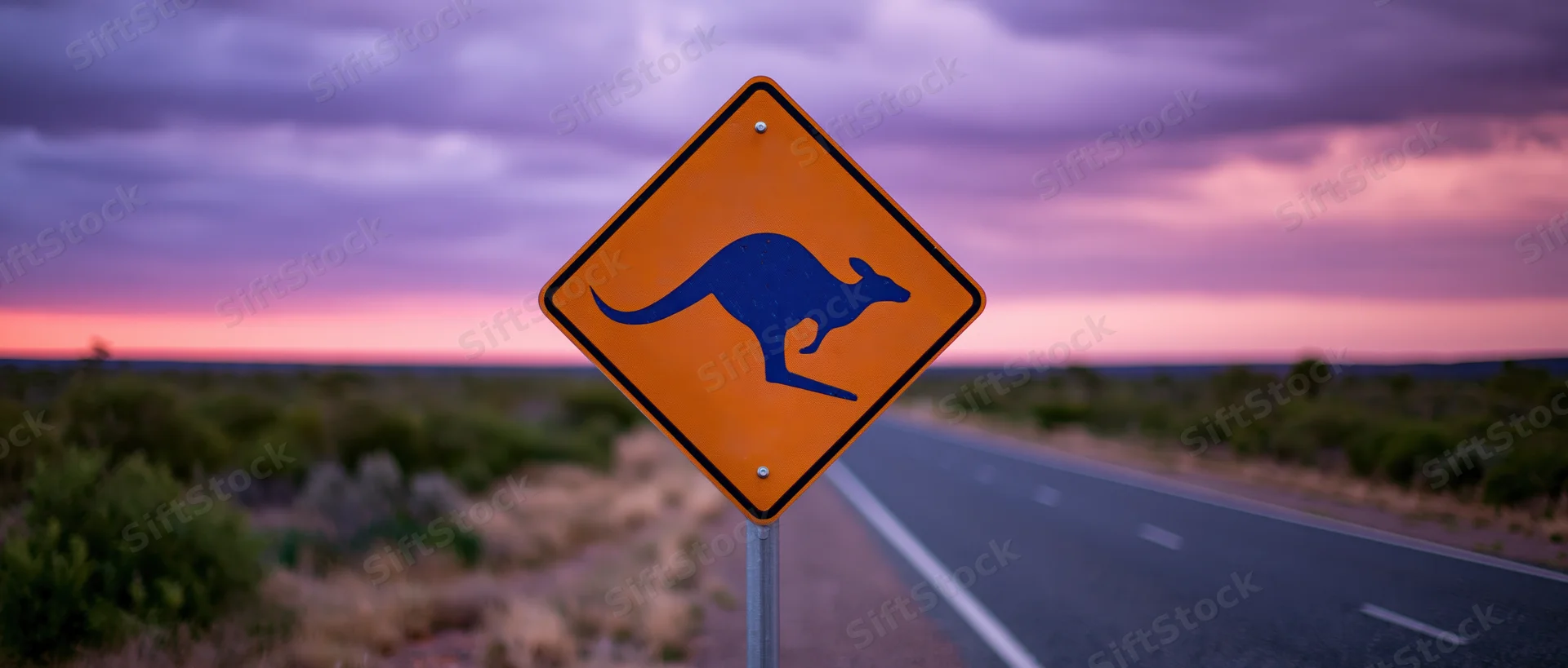 Kangaroo warning road sign on metal post along a desert highway at twilight