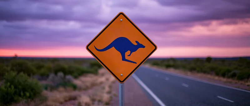 Kangaroo warning road sign on metal post along a desert highway at twilight