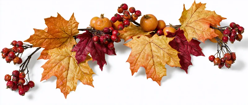 Autumn garland with maple leaves, red berries and small orange pumpkins on white background